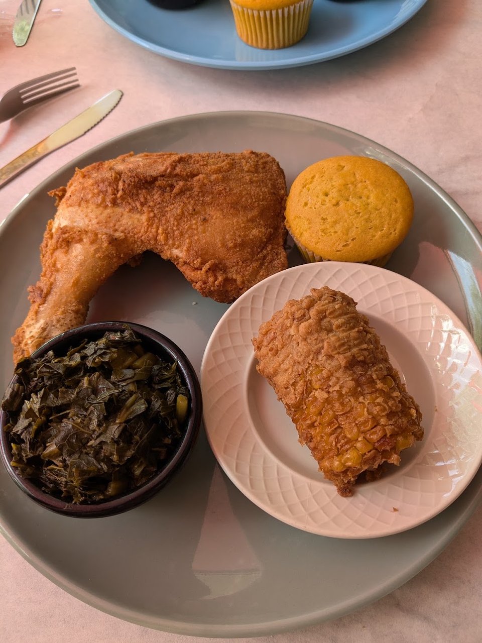 Fried Chicken Collard Greens and Fried Corn