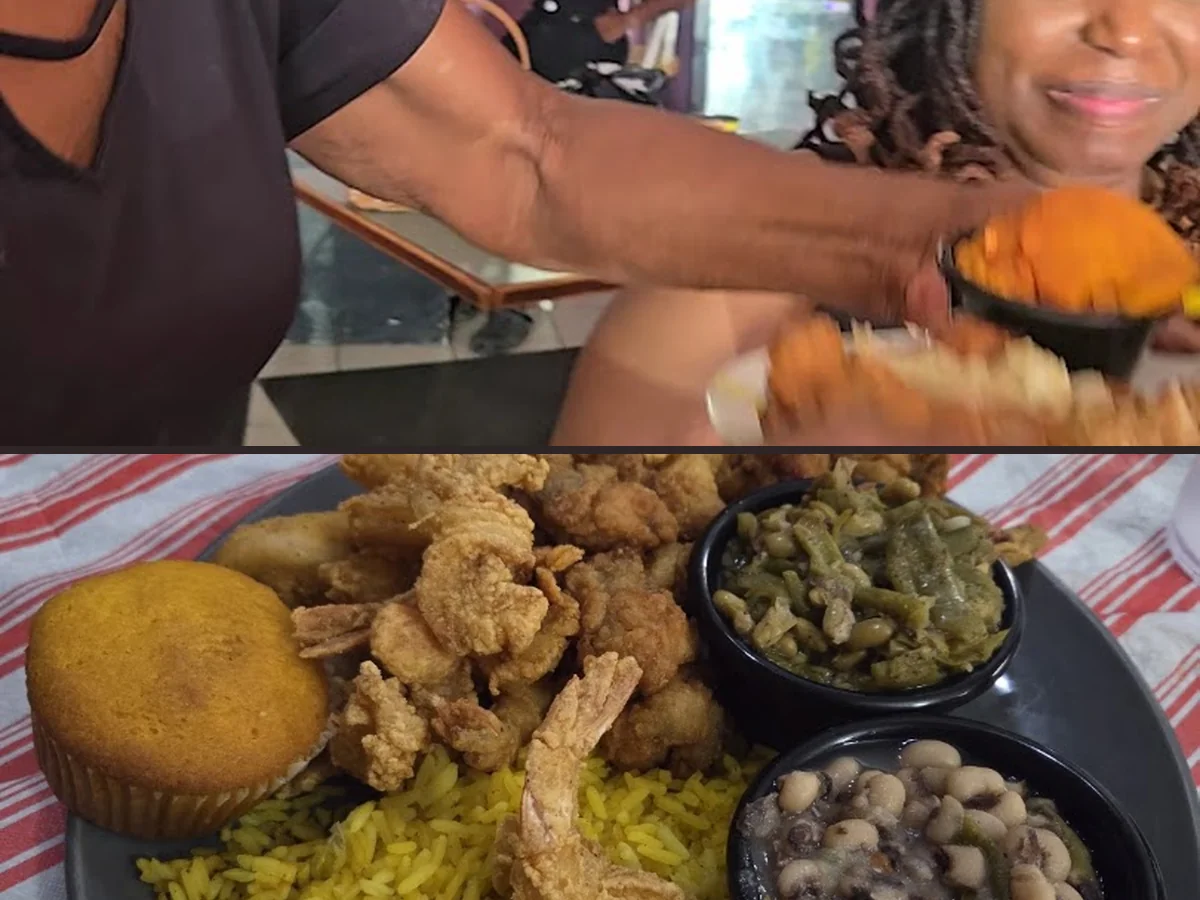 Simple restaurant tables beside comforting Southern cooking.